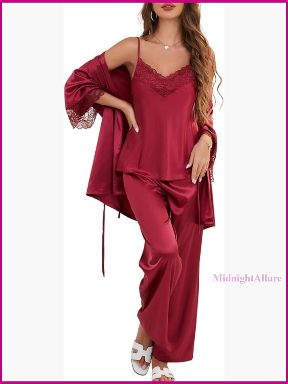 3pc Silk Satin Pajama Set with Robe, V-Neck Lace Cami & Long Pants, Soft